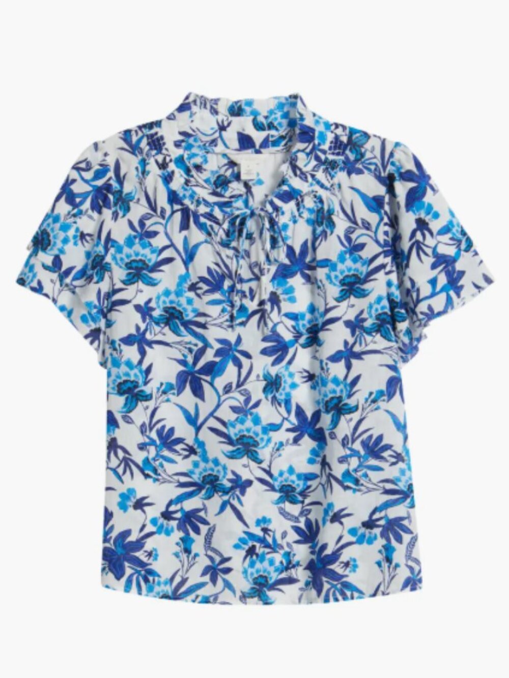 Caslon Blue Floral Ruffle Tie Neck Top Large Boho Blouse NWOT